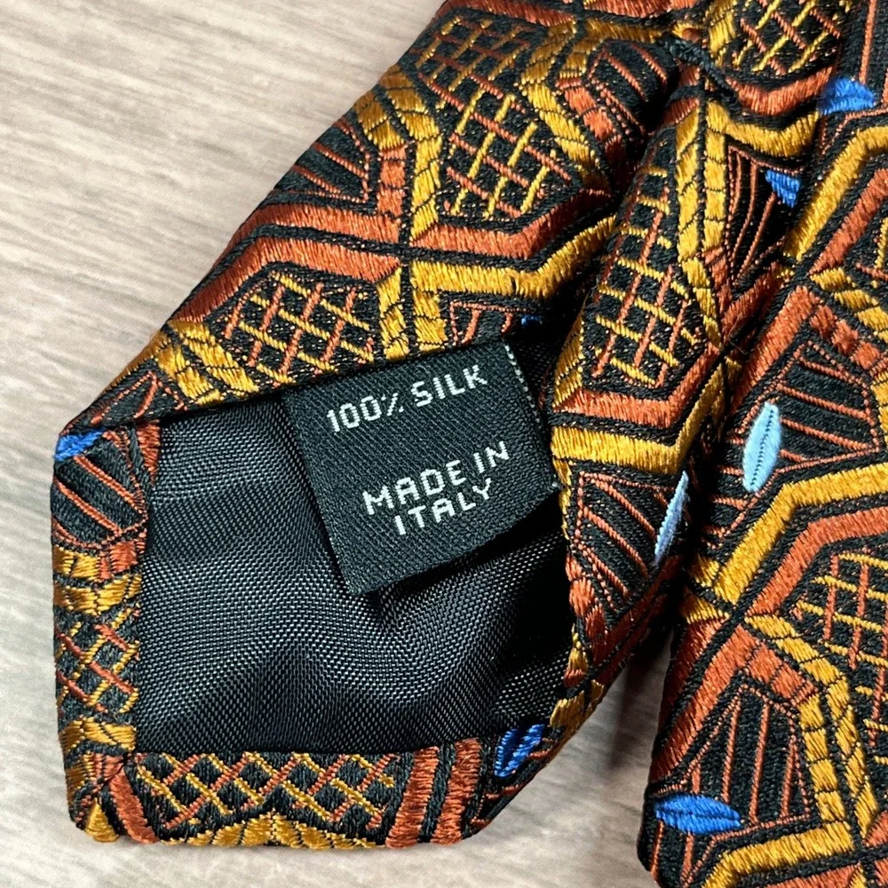 Jos.‎ A. Bank Necktie Mens Orange Gold Geometric Silk Made in Italy Wide Tie